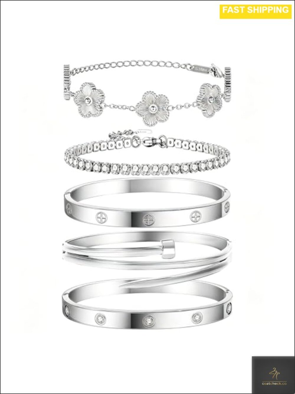 Stackable Silver Bracelets for Women 5 Sets Non-Tarnish Stainless Steel Bangle